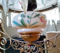 Antique Victorian B&H Glass Painted Lily Pull Down Hanging Library Oil Lamp