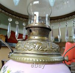 Antique Victorian B&H Painted Cherub Glass Hanging Pull Down Library Oil Lamp