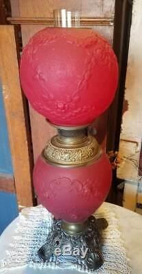 Antique Victorian BRADLEY & HUBBARD RED Embossed Satin Glass OIL LAMP Non-elec