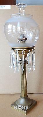 Antique Victorian Banquet Oil Lamp Astral Etched Floral Shade 12 Crystal Prisms