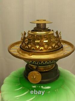 Antique Victorian Banquet Oil Lamp Green, Shade, Chimney, Matador Burner 30 1/4