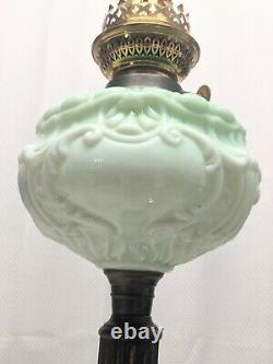 Antique Victorian Banquet Oil Lamp Green, Shade, Chimney, Matador Burner 30 1/4