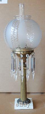 Antique Victorian Banquet Oil Lamp Period Etched Glass Ball Shade Signed Chimney