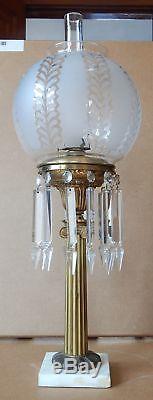Antique Victorian Banquet Oil Lamp Period Etched Glass Ball Shade Signed Chimney