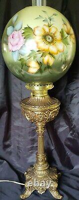 Antique Victorian Banquet Ornate Brass, Hand Painted Globe Electrified Oil Lamp