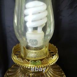 Antique Victorian Banquet Ornate Brass, Hand Painted Globe Electrified Oil Lamp
