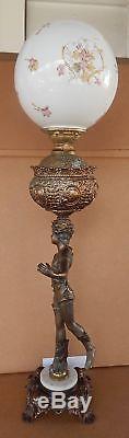 Antique Victorian Banquet Parlor Oil Lamp Figural Metal Base Ball Shade Flowers