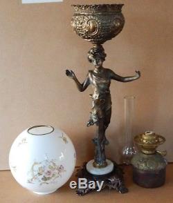 Antique Victorian Banquet Parlor Oil Lamp Figural Metal Base Ball Shade Flowers