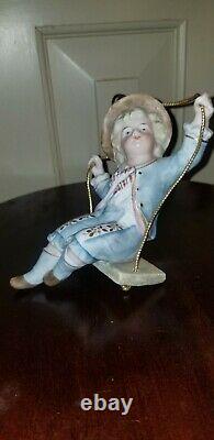 Antique Victorian Bisque Swinger Boy On Swing Oil Lamp Pull Figurine