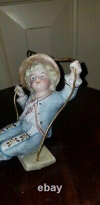 Antique Victorian Bisque Swinger Boy On Swing Oil Lamp Pull Figurine