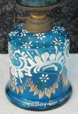 Antique Victorian Blue Enameled Glass Miniature Oil Lamp