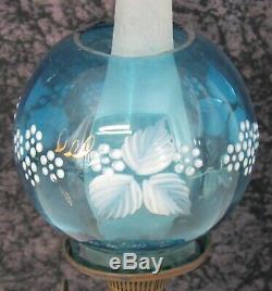 Antique Victorian Blue Enameled Glass Miniature Oil Lamp