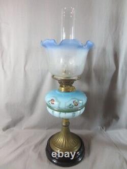 Antique Victorian Blue Glass & Brass OIL Lamp & Vintage Blue Acid Etched Shade