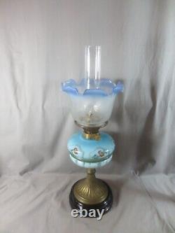 Antique Victorian Blue Glass & Brass OIL Lamp & Vintage Blue Acid Etched Shade