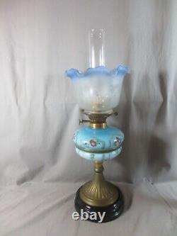 Antique Victorian Blue Glass & Brass OIL Lamp & Vintage Blue Acid Etched Shade