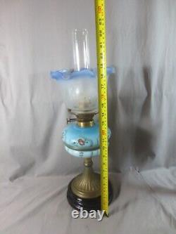 Antique Victorian Blue Glass & Brass OIL Lamp & Vintage Blue Acid Etched Shade