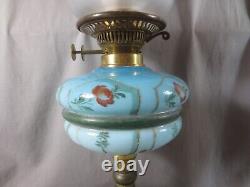 Antique Victorian Blue Glass & Brass OIL Lamp & Vintage Blue Acid Etched Shade