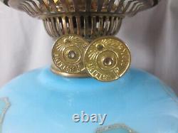 Antique Victorian Blue Glass & Brass OIL Lamp & Vintage Blue Acid Etched Shade