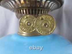 Antique Victorian Blue Glass & Brass OIL Lamp & Vintage Blue Acid Etched Shade