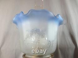 Antique Victorian Blue Glass & Brass OIL Lamp & Vintage Blue Acid Etched Shade