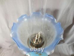 Antique Victorian Blue Glass & Brass OIL Lamp & Vintage Blue Acid Etched Shade