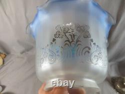 Antique Victorian Blue Glass & Brass OIL Lamp & Vintage Blue Acid Etched Shade