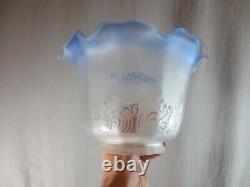 Antique Victorian Blue Glass & Brass OIL Lamp & Vintage Blue Acid Etched Shade