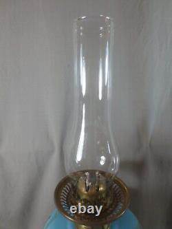 Antique Victorian Blue Glass & Brass OIL Lamp & Vintage Blue Acid Etched Shade