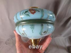 Antique Victorian Blue Glass & Brass OIL Lamp & Vintage Blue Acid Etched Shade