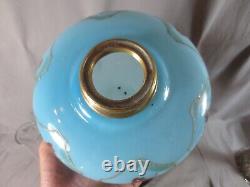 Antique Victorian Blue Glass & Brass OIL Lamp & Vintage Blue Acid Etched Shade