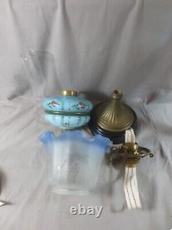 Antique Victorian Blue Glass & Brass OIL Lamp & Vintage Blue Acid Etched Shade