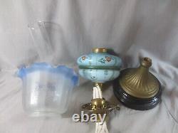 Antique Victorian Blue Glass & Brass OIL Lamp & Vintage Blue Acid Etched Shade