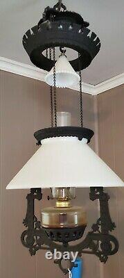 Antique Victorian Bradley & Hubbard B&H Cast Iron Horse Hanging Oil Ceiling Lamp