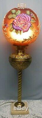 Antique Victorian Bradley Hubbard Brass Marble Banquet Hand Painted Oil Lamp