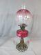 Antique Victorian Brass And Cranberry Cut Glass Duplex Oil Lamp & Etched Shade