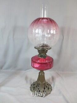 Antique Victorian Brass And Cranberry Cut Glass Duplex Oil Lamp & Etched Shade