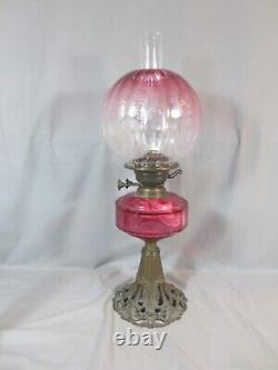 Antique Victorian Brass And Cranberry Cut Glass Duplex Oil Lamp & Etched Shade