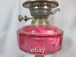 Antique Victorian Brass And Cranberry Cut Glass Duplex Oil Lamp & Etched Shade