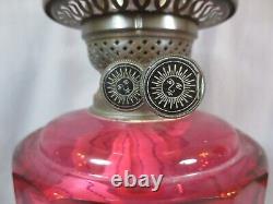 Antique Victorian Brass And Cranberry Cut Glass Duplex Oil Lamp & Etched Shade