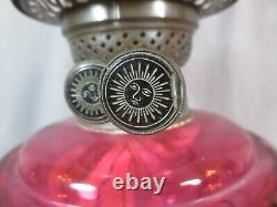 Antique Victorian Brass And Cranberry Cut Glass Duplex Oil Lamp & Etched Shade