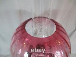 Antique Victorian Brass And Cranberry Cut Glass Duplex Oil Lamp & Etched Shade