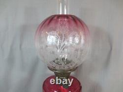 Antique Victorian Brass And Cranberry Cut Glass Duplex Oil Lamp & Etched Shade