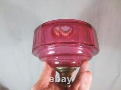 Antique Victorian Brass And Cranberry Cut Glass Duplex Oil Lamp & Etched Shade