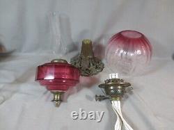 Antique Victorian Brass And Cranberry Cut Glass Duplex Oil Lamp & Etched Shade