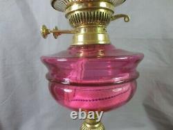 Antique Victorian Brass And Cranberry Glass Duplex Oil Lamp