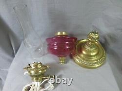 Antique Victorian Brass And Cranberry Glass Duplex Oil Lamp