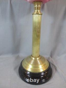 Antique Victorian Brass And Cranberry Glass Duplex Oil Lamp & Acid Etched Shade