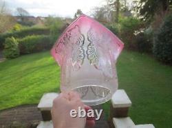 Antique Victorian Brass And Cranberry Glass Duplex Oil Lamp & Acid Etched Shade