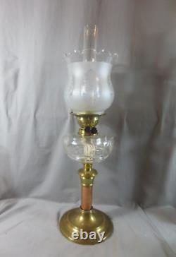 Antique Victorian Brass And Cut Glass Duplex Oil Lamp & Etched Tulip Shade