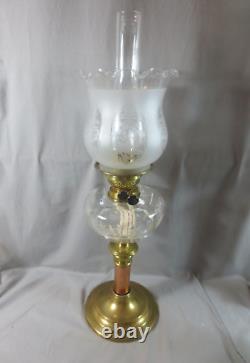 Antique Victorian Brass And Cut Glass Duplex Oil Lamp & Etched Tulip Shade